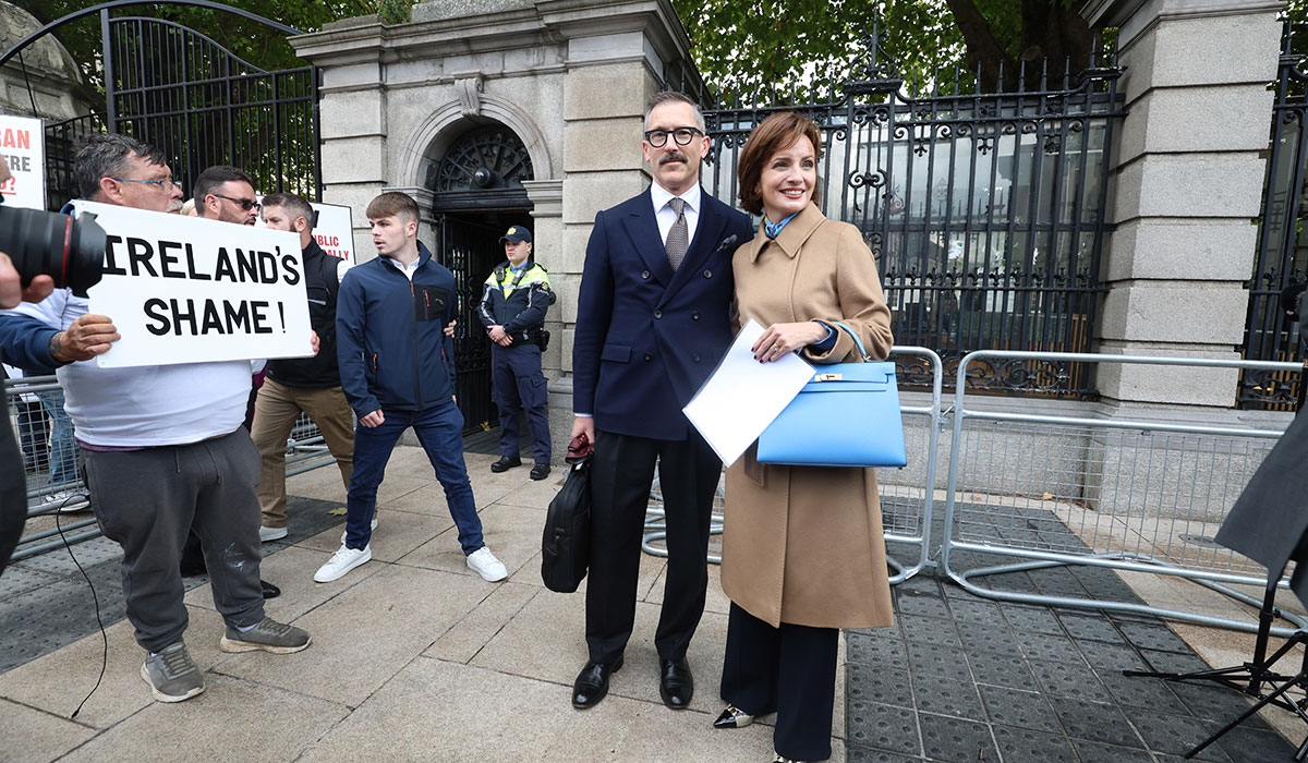 Photo shows the independent presidential candidate Maria Steen with her husband Neill speaking to the media outside Leinster House (The Dail) after she failed to get the required 20 nominations from members of the Oireachtas, which means she has failed in her bid to become a candidate in the election to become President of Ireland. Pic: Leah Farrell/RollingNews.ie