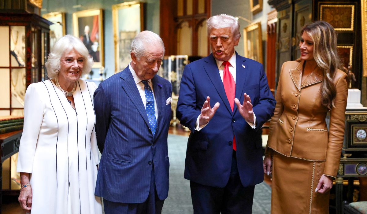U.S. President Donald Trump and first lady Melania Trump pose with King Charles and Queen Camilla as they bid their farewells at Windsor Castle. Pic:Getty
