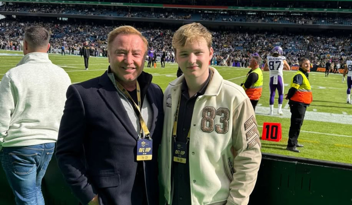 Michael Flatley's son is his double at the NFL game in Dublin