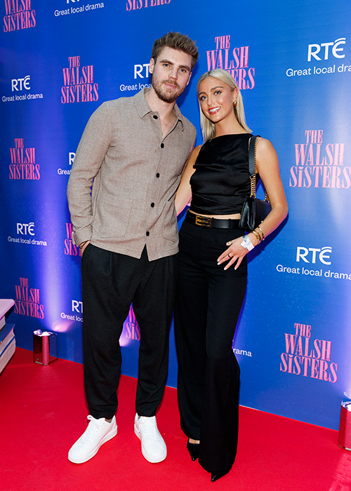 Jay Duffy who plays Luke Costello with girlfriend Lucy Tallon at the premiere screening of the RTÉ drama The Walsh Sisters. Pic: Andres Poveda