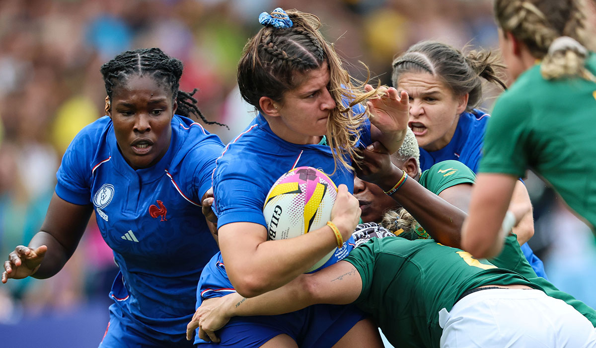 France's Axelle Berthoumieu is tackled during the France v South Africa game. Pic: INPHO/Billy Stickland