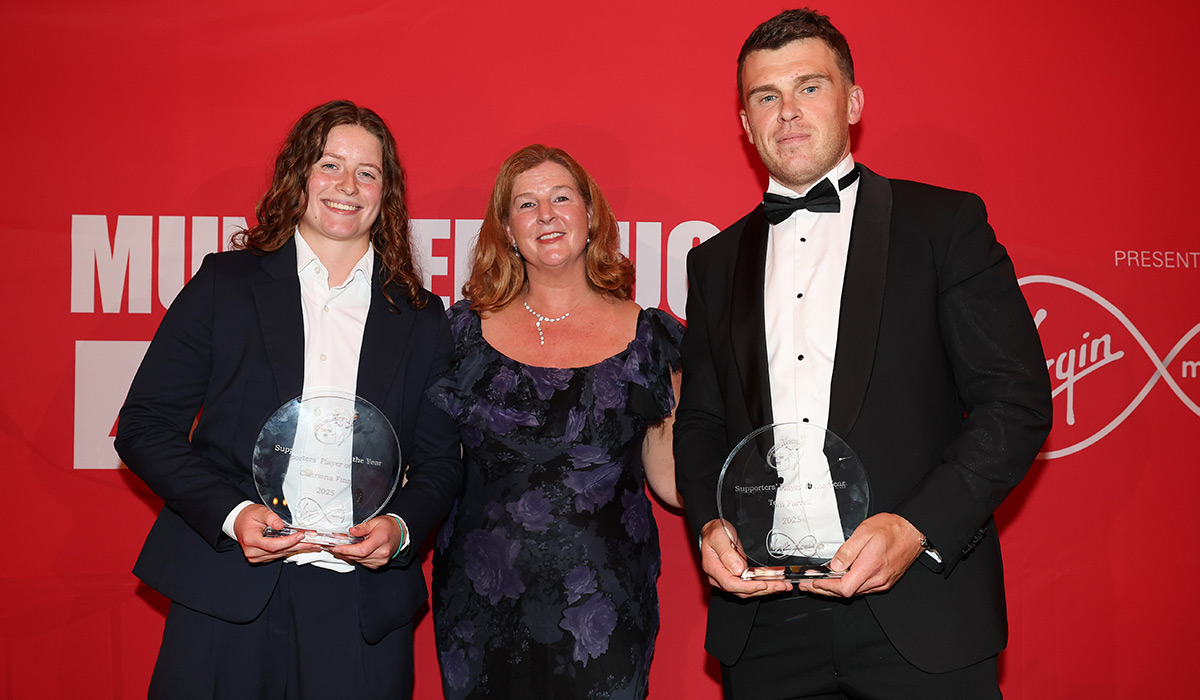 Catriona Finn and Tom Farrell are awarded the Male and Female Virgin Supporters’ Player of the Year award presented by Fiona Mahon at the Munster Rugby Awards. Pic: INPHO/Dan Sheridan