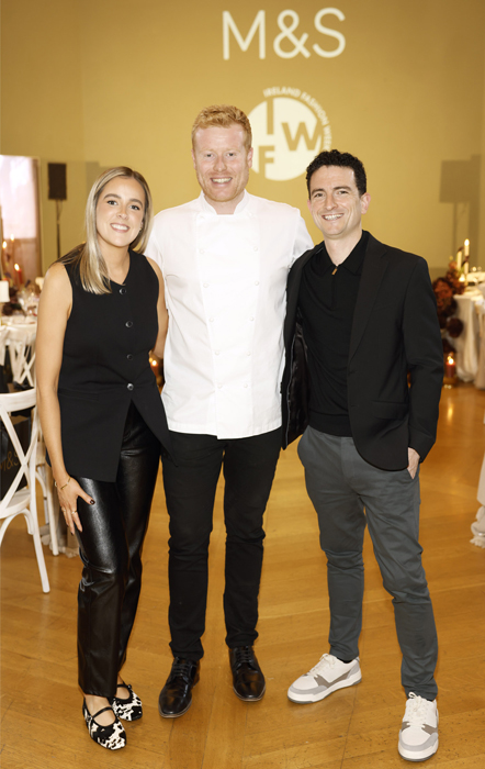 Alana Kelly Cahill, Mark Moriarty and Eddie Murphy at the M&S Irish Fashion Week Opening Dinner at the Irish Georgian Society. Pic: Kieran Harnett
