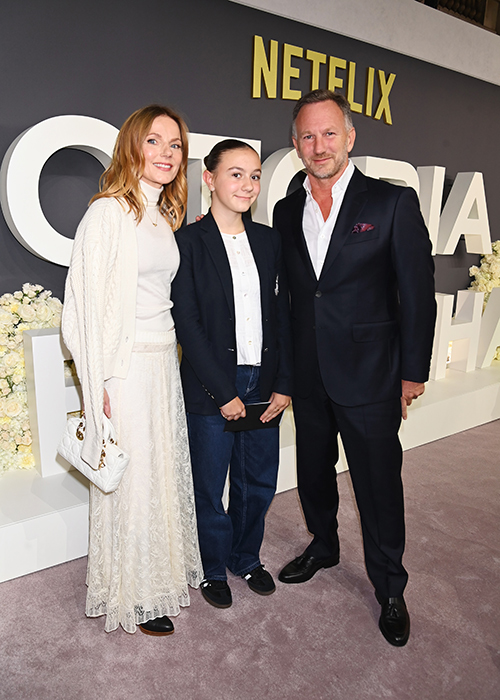 LONDON, ENGLAND - OCTOBER 08: (L to R) Geri Halliwell-Horner, Olivia Horner and Director of Red Bull Racing Christian Horner attend the World Premiere of "Victoria Beckham" at The Curzon Mayfair on October 8, 2025 in London, England. (Photo by Dave Benett/WireImage)