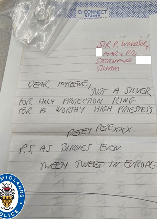Undated handout photo issued by West Midlands Police of one of the letters and the ring Peter sent to Myleene. Pic: West Midlands Police/PA Wire