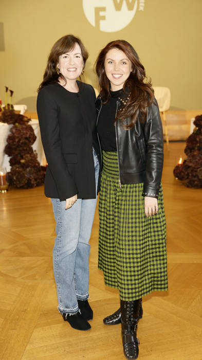 Sally Joyce and Anne O'Shea at the M&S Irish Fashion Week Opening Dinner at the Irish Georgian Society. Pic: Kieran Harnett